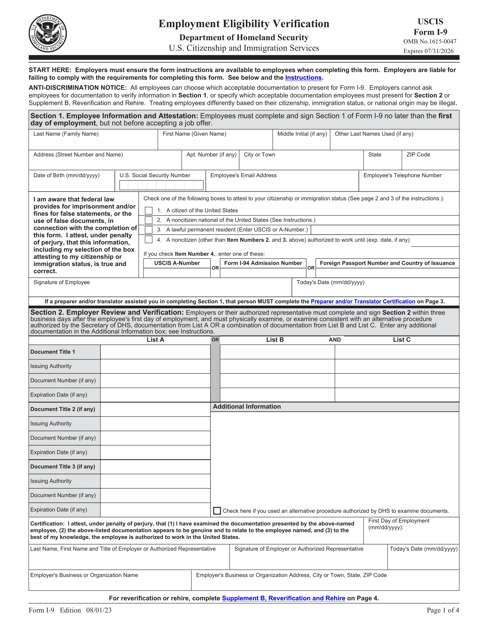I9 Form Printable Instructions