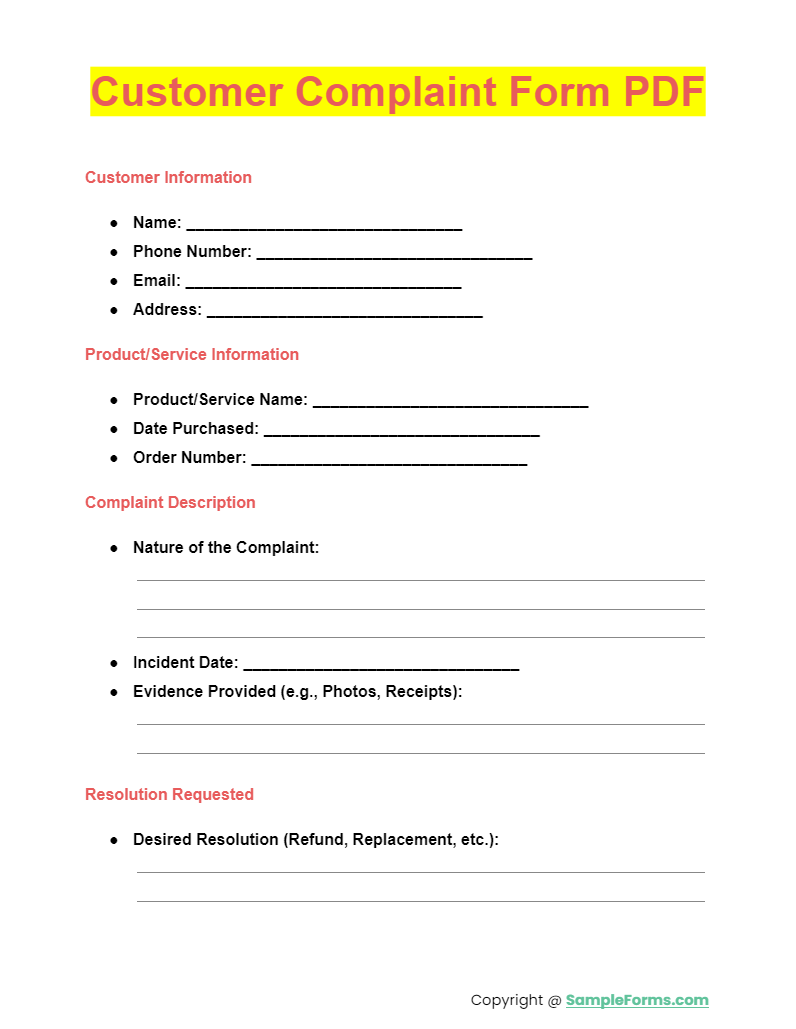 Complaint Form Template Word