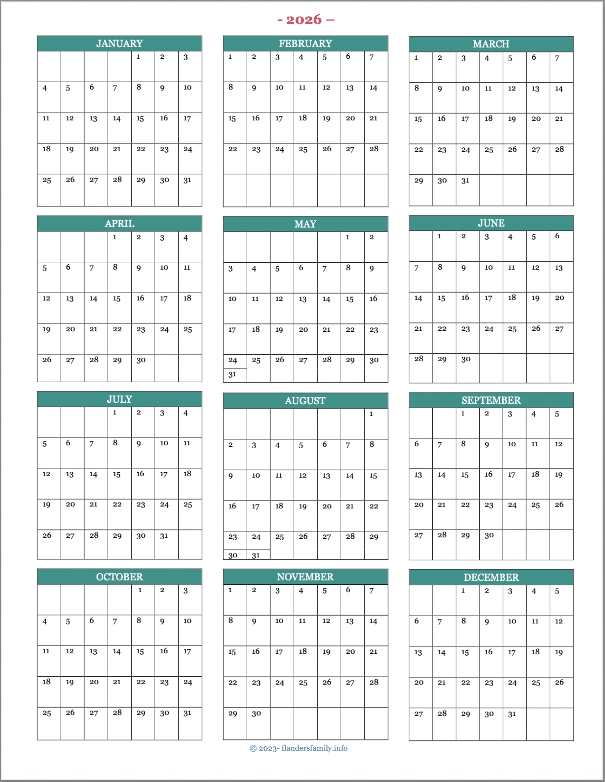 Blank Calendar Printable Pdf 2026