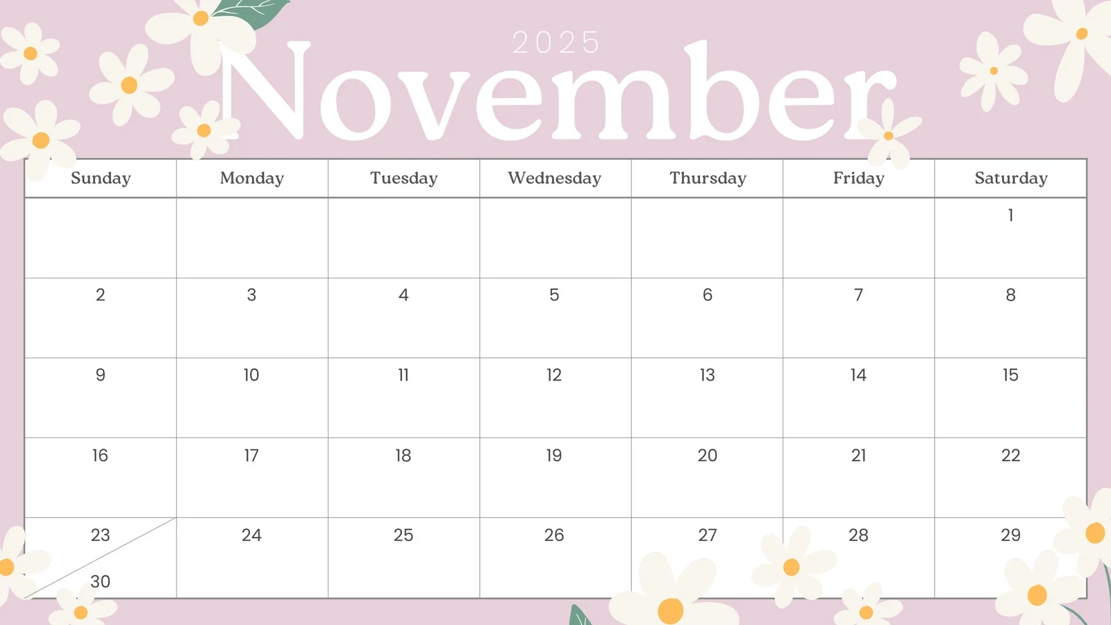 November Monthly Calendar Printable