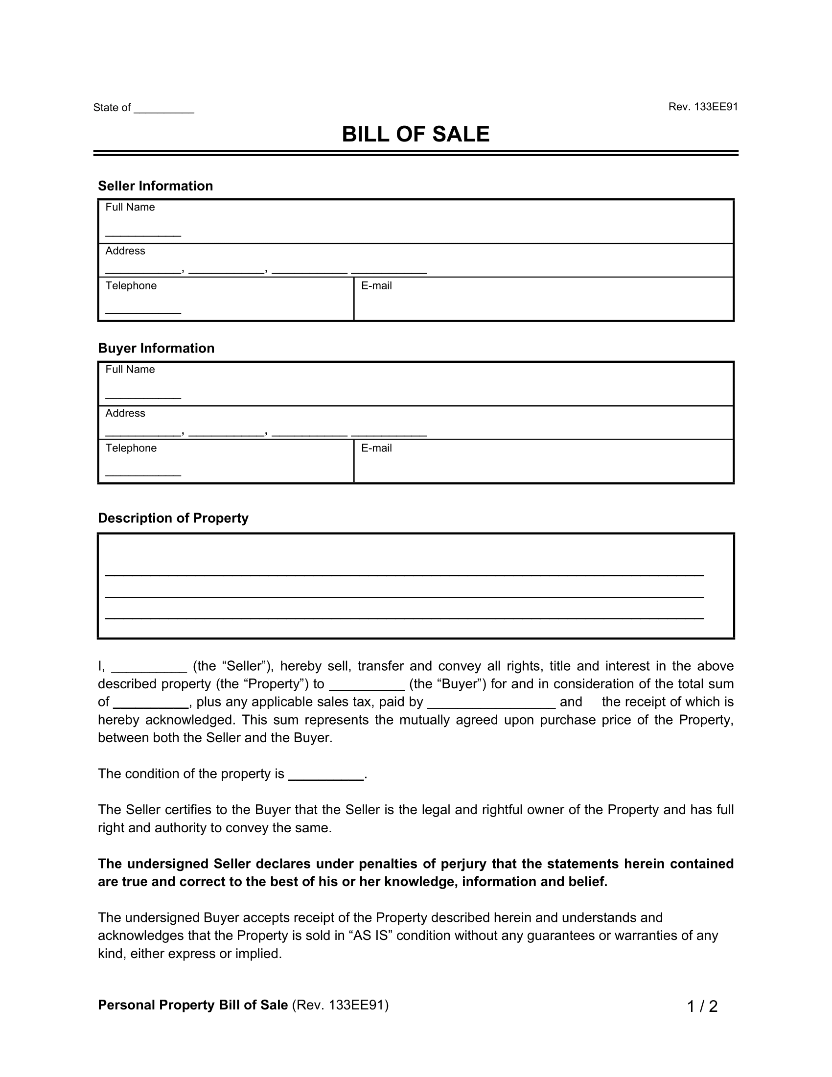 Free Bill Of Sale Form Printable To Fill Out