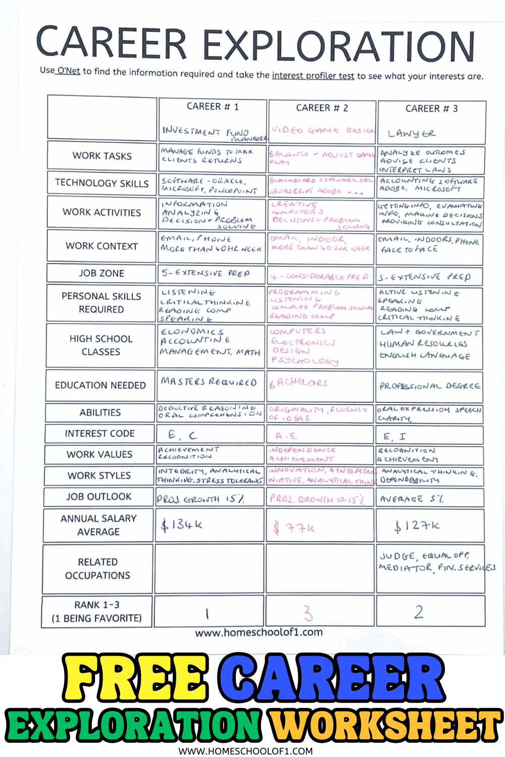Free Career Exploration Worksheets Printable