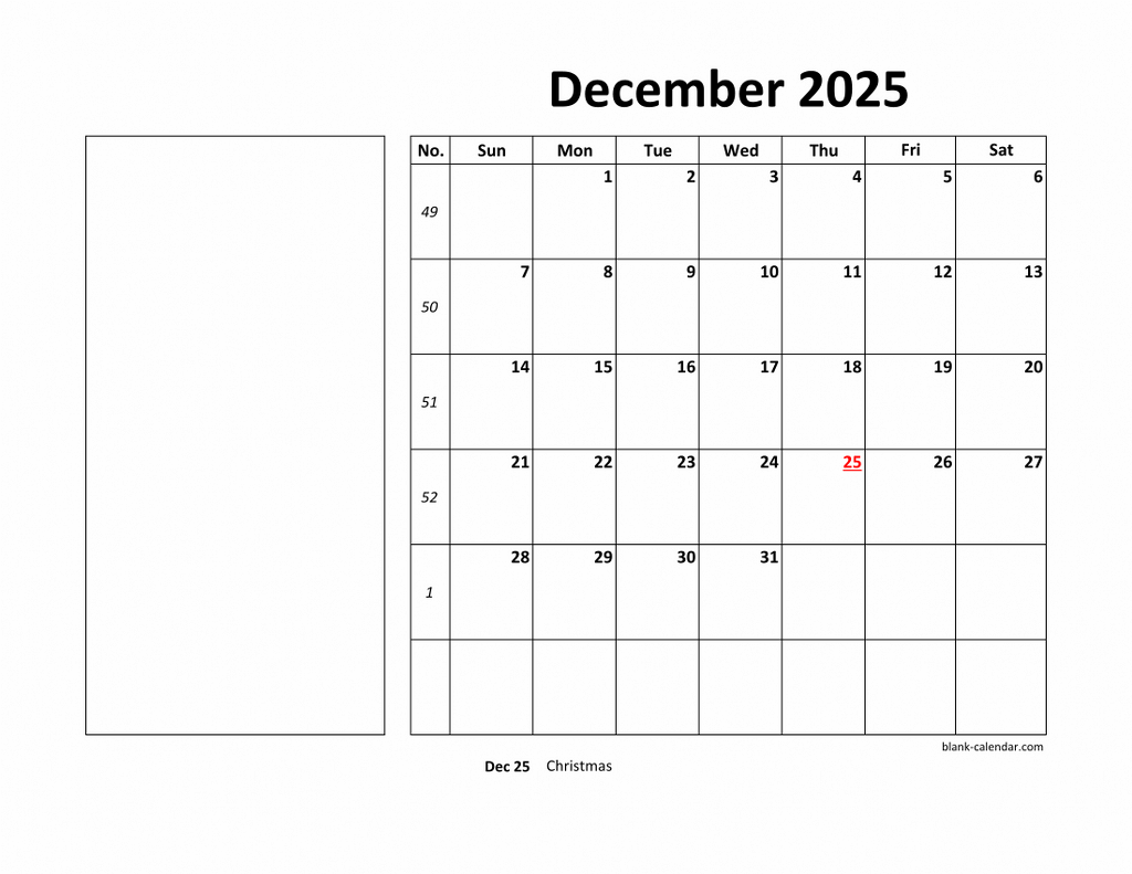 Free Download Printable December 2025 Calendar Large Box 