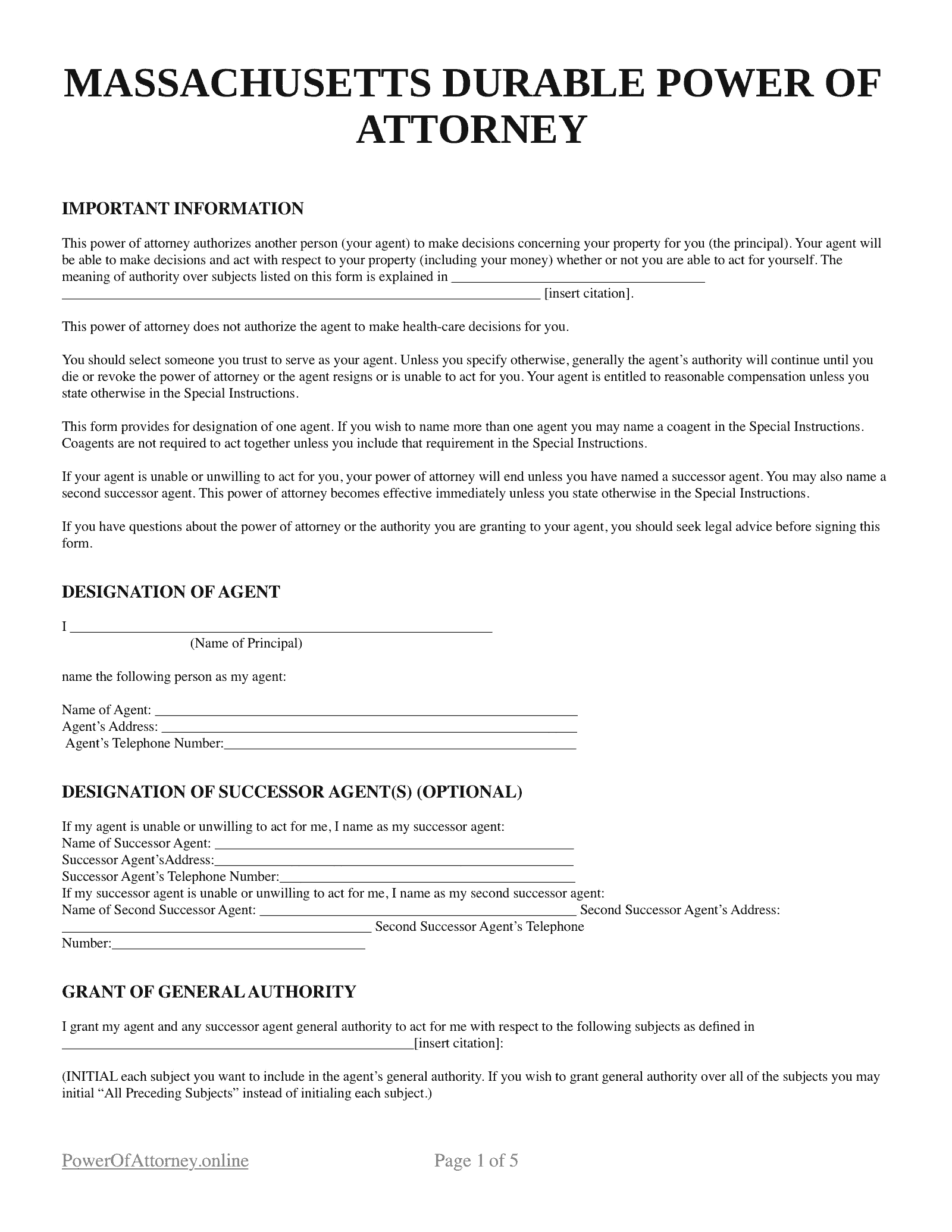 Free Massachusetts MA Power Of Attorney Forms amp Templates PDF