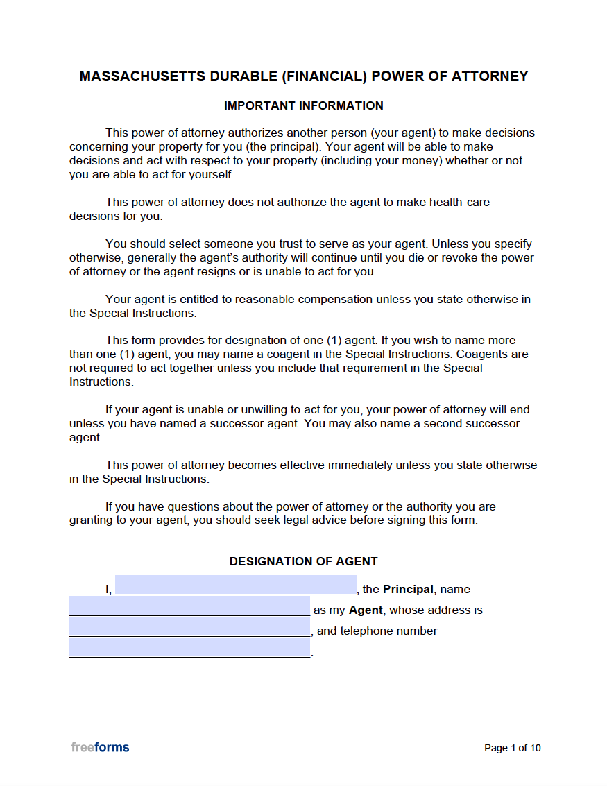 Free Massachusetts Power Of Attorney Forms PDF Word
