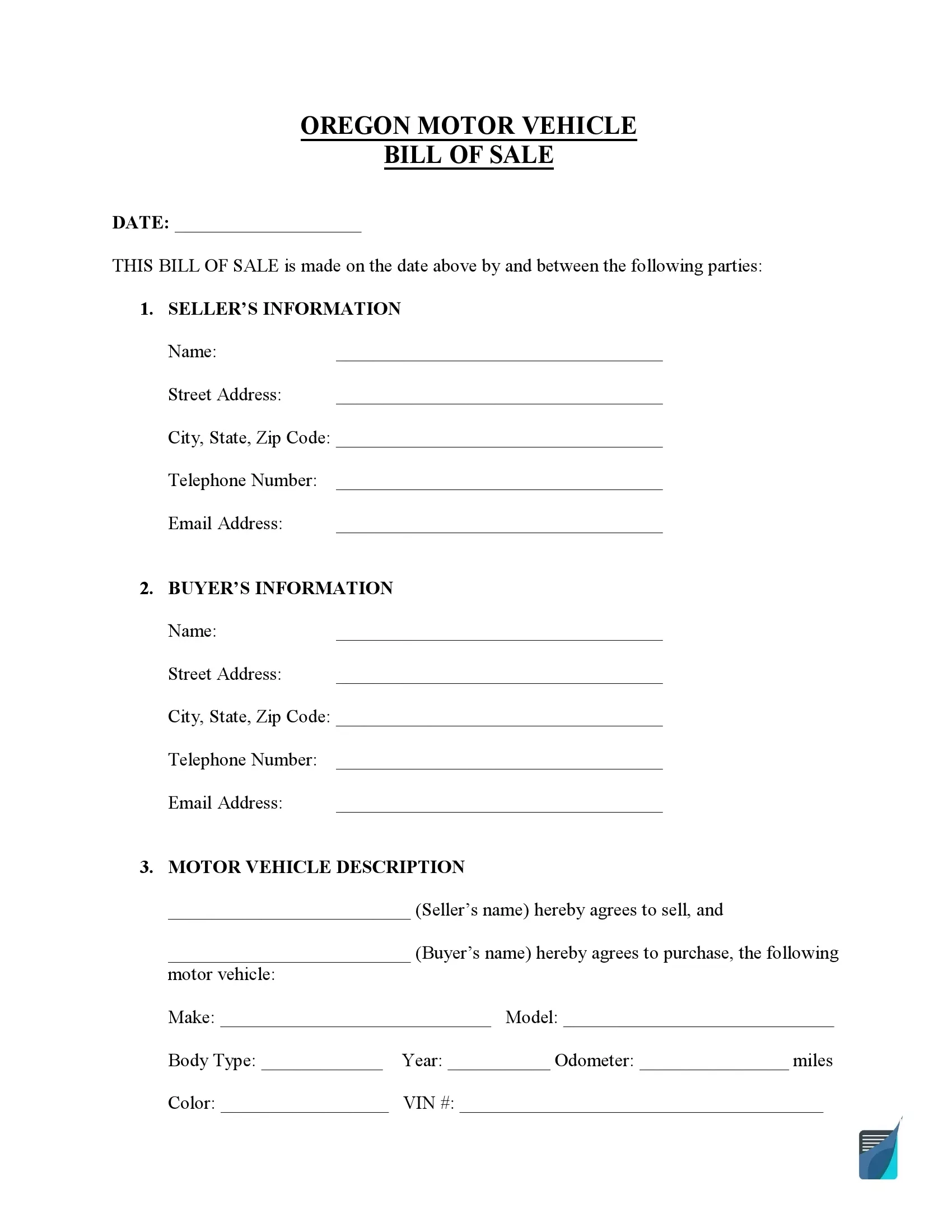 Free Oregon Bill Of Sale Forms PDF FormsPal