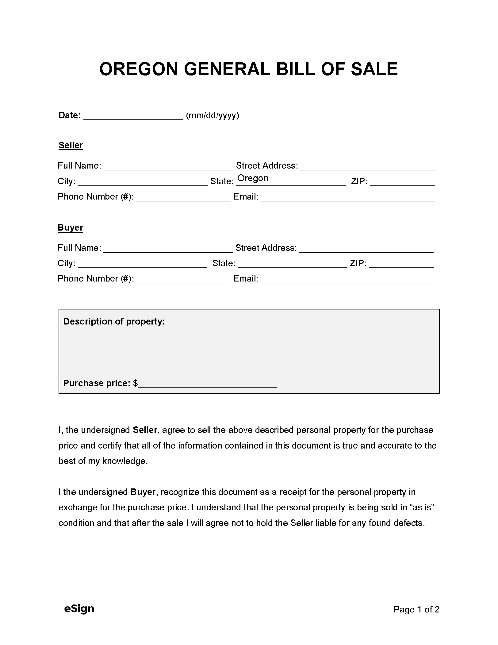 Bill Of Sale Form Printable Oregon