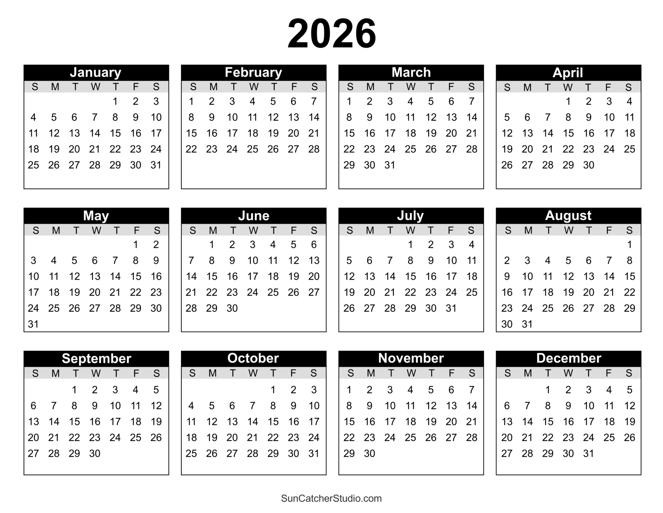 Printable Blank 2026 Calendar Pages