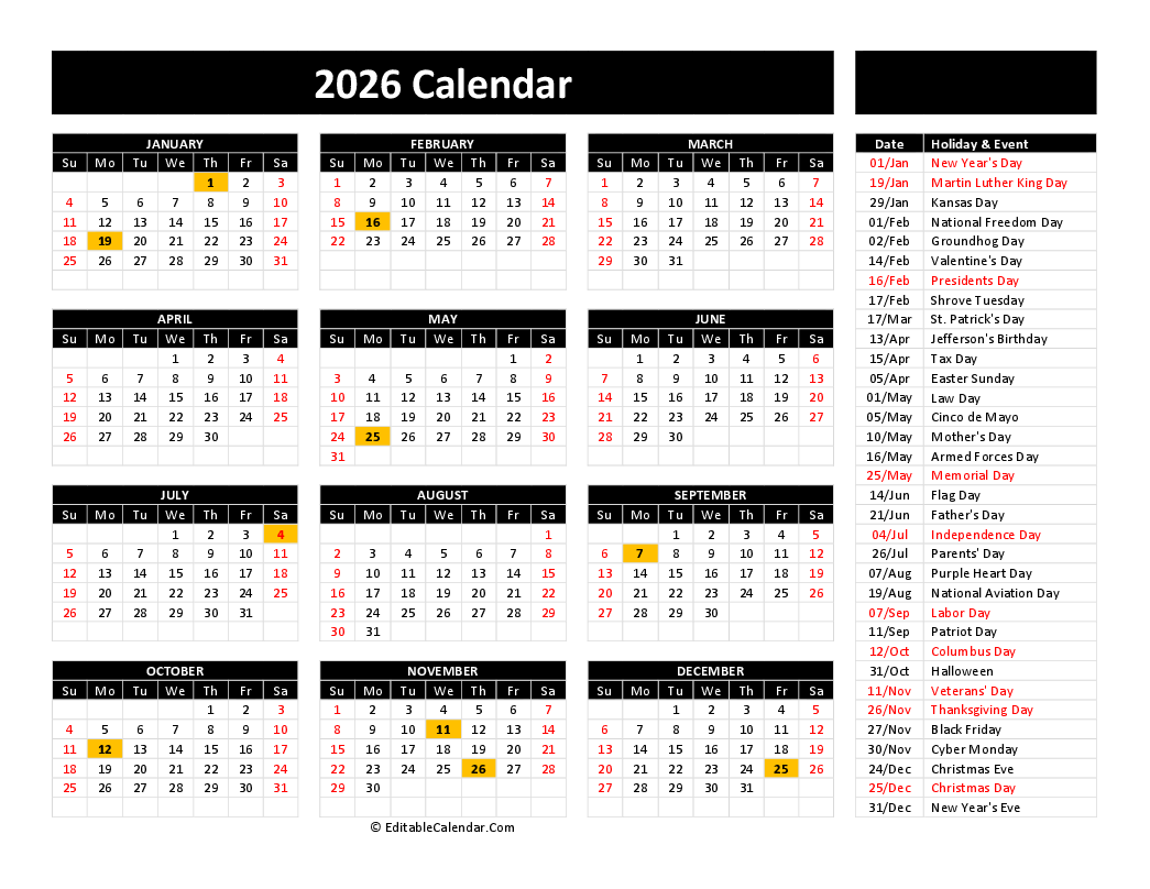 2026 Calendar Free Printable With Holidays