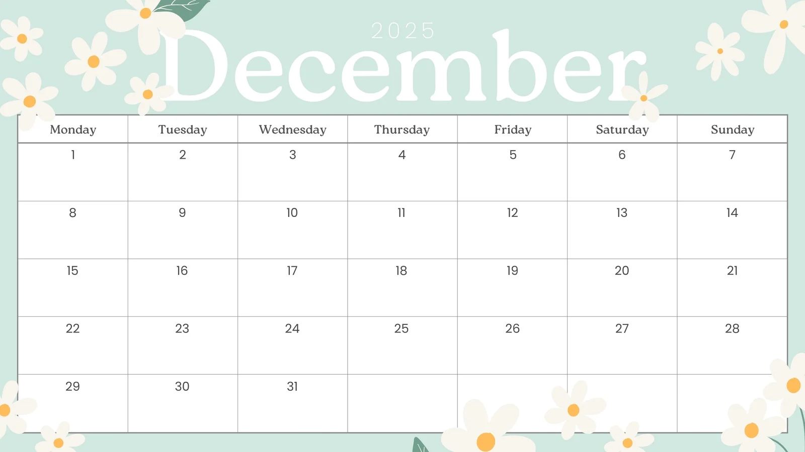 Printable Editable December 2025 Calendar