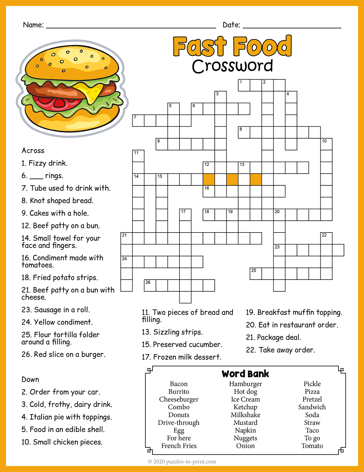 Free Printable Food Crossword Puzzles