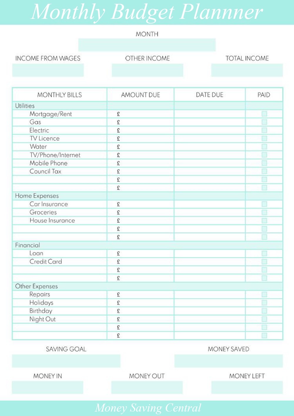Free Printable Monthly Budget Planner