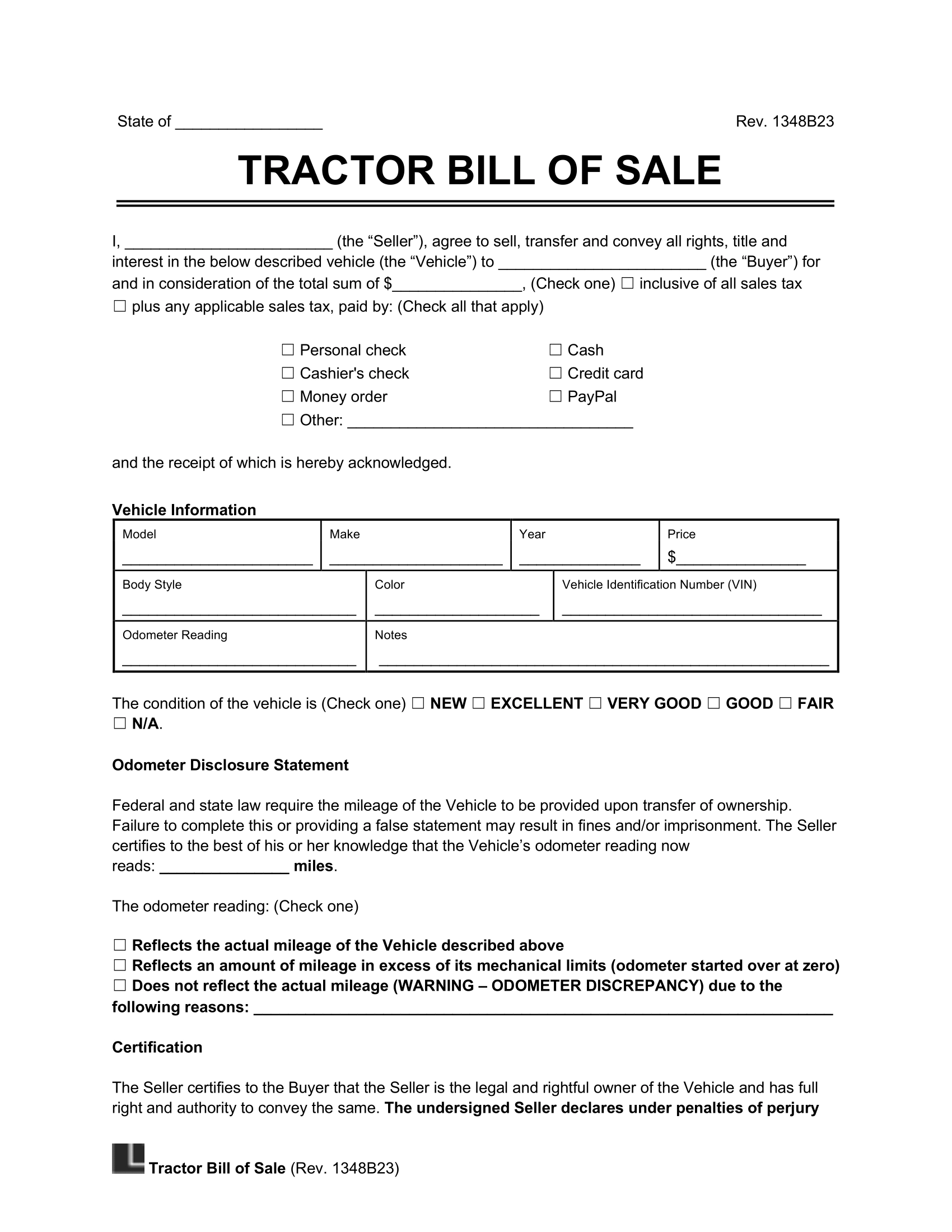 Free Tractor Bill Of Sale Form PDF amp Word