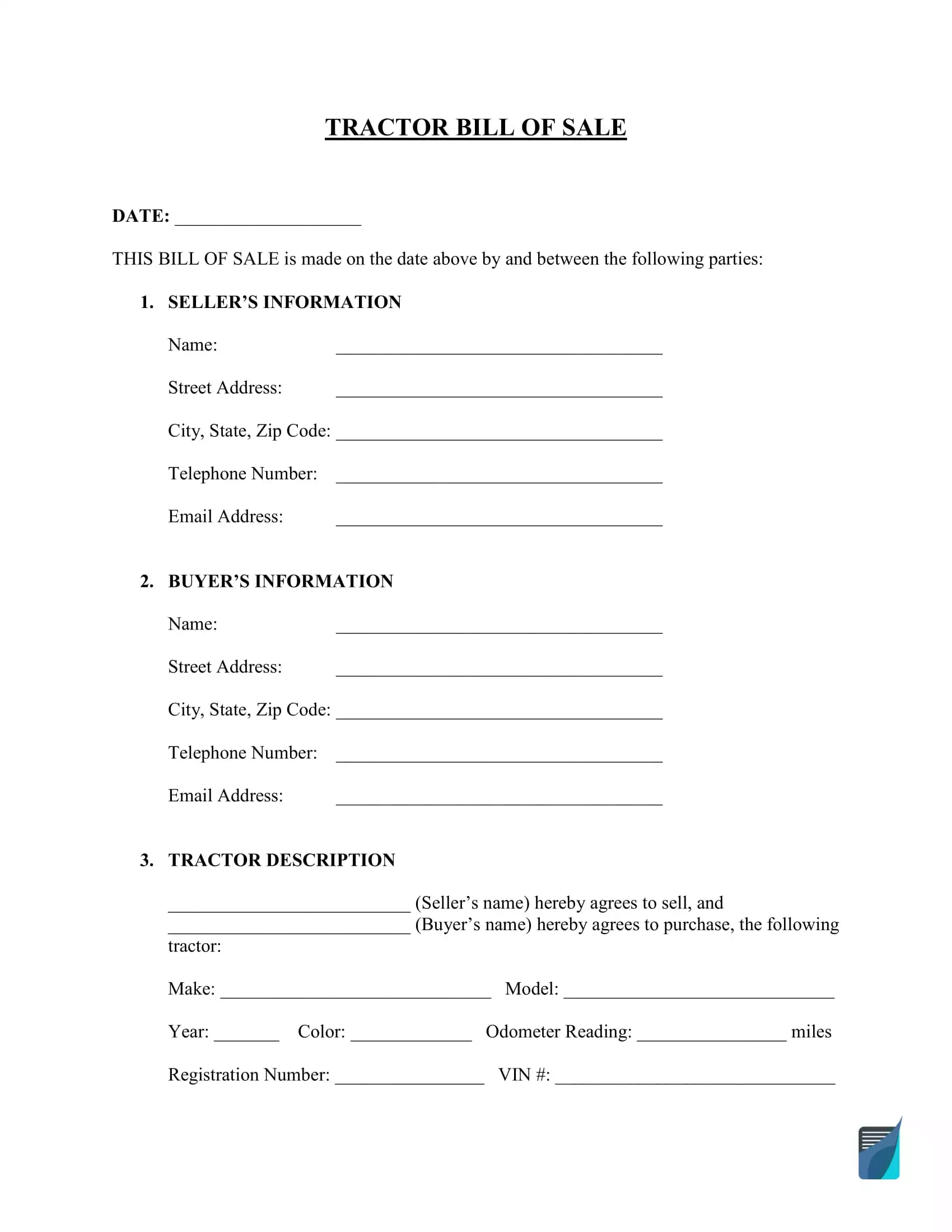 Bill Of Sale Form Free Printable For Tractor