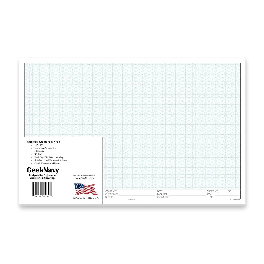 GeekNavy Isometric Graph Paper Pad 11 X 17 Inch Landscape Format 50 Sheets Blueprint Paper 1 4 Grid NRB Non Reproducable Blue Grid Grid Paper 