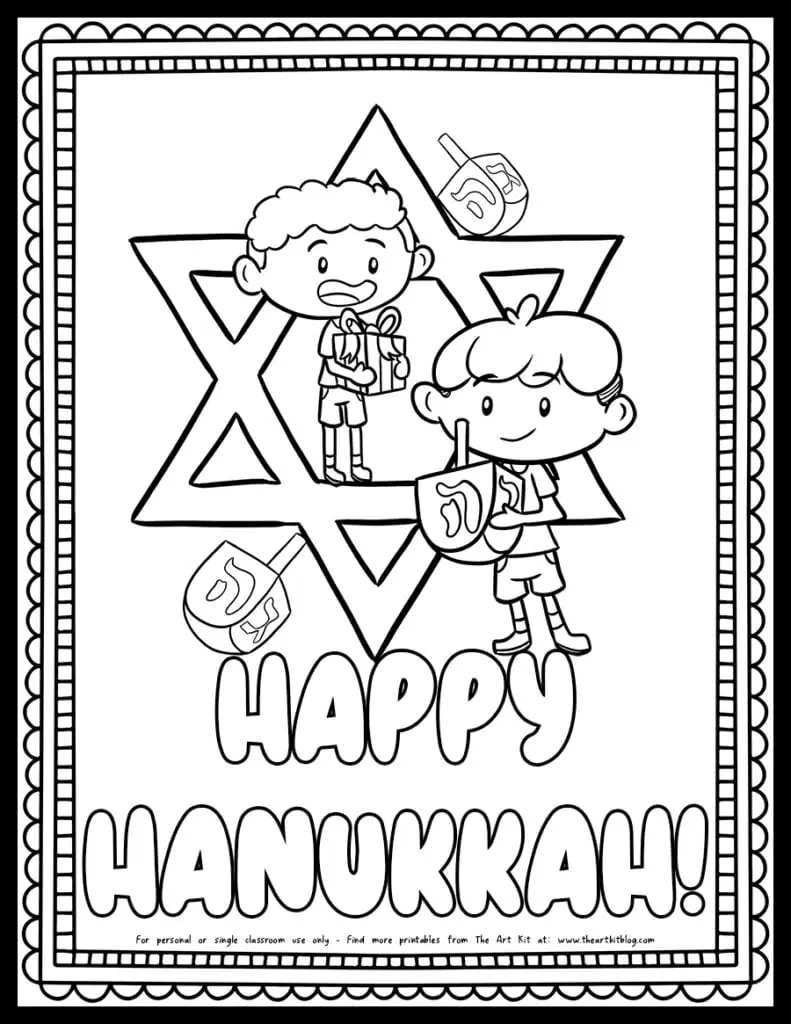 Happy Hanukkah Boys With Dreidels And Star Of David Coloring Page 