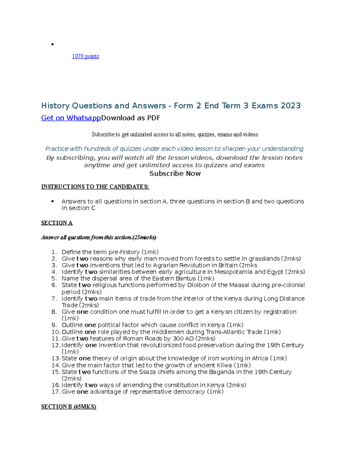 History Questions And Answers Form 2 End Term 3 Exams 2023 Studocu