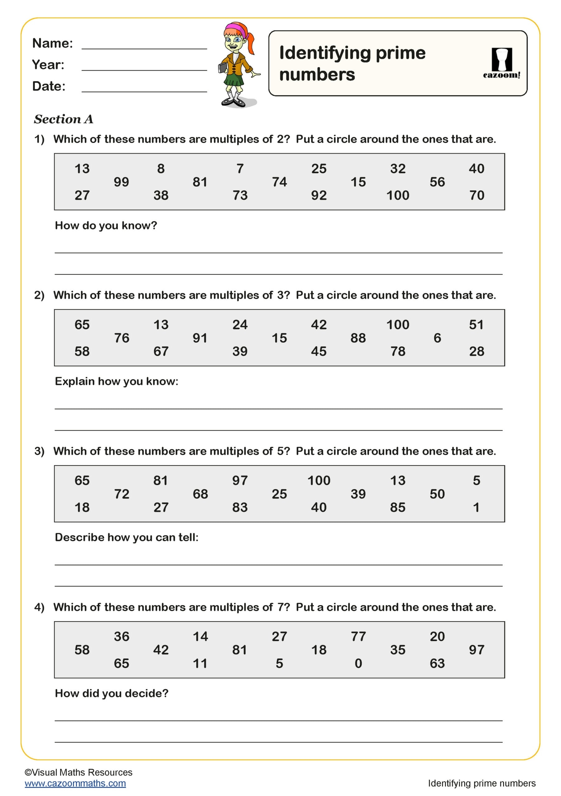 Identifying Prime Numbers Worksheet Key Stage 2 PDF Number 