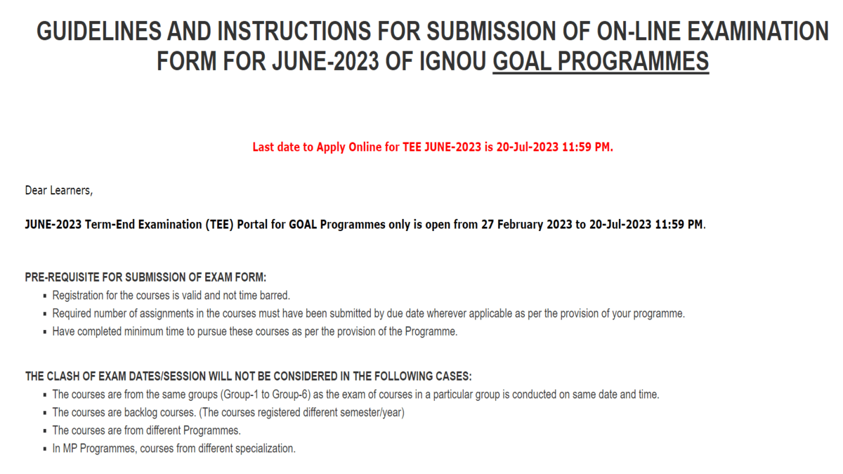 IGNOU June TEE Registration 2023 For GOAL Programmes To End On 