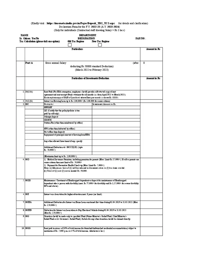 Income Tax Declaration Form FY 22 23 AY 23 24 PDF Loans Tax 
