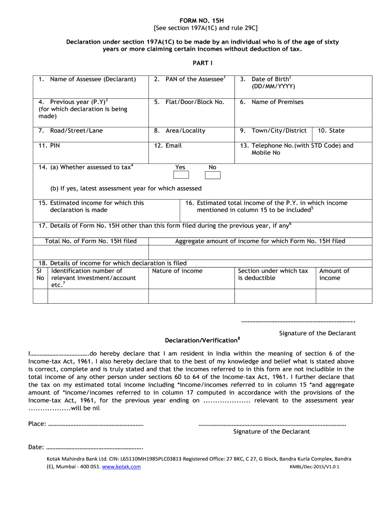 India Kotak Mahindra Bank Form 15H Fill Online Printable 