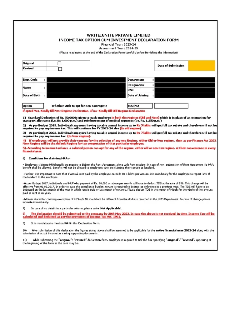Investment Declaration Form F Y 2023 24 PDF Taxes Income Tax