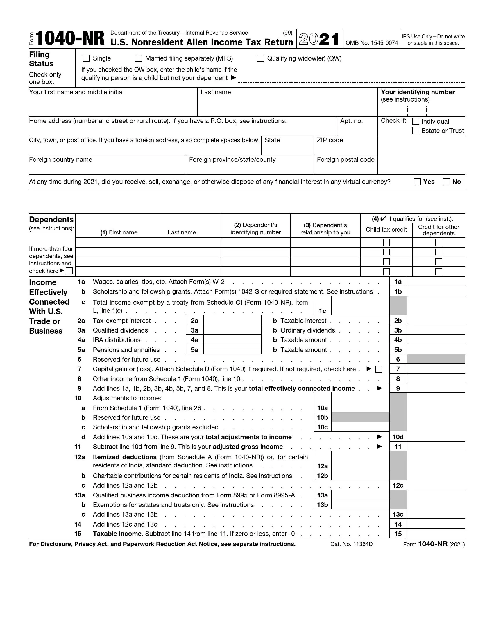IRS Form 1040 NR Fill Out Printable PDF Forms Online