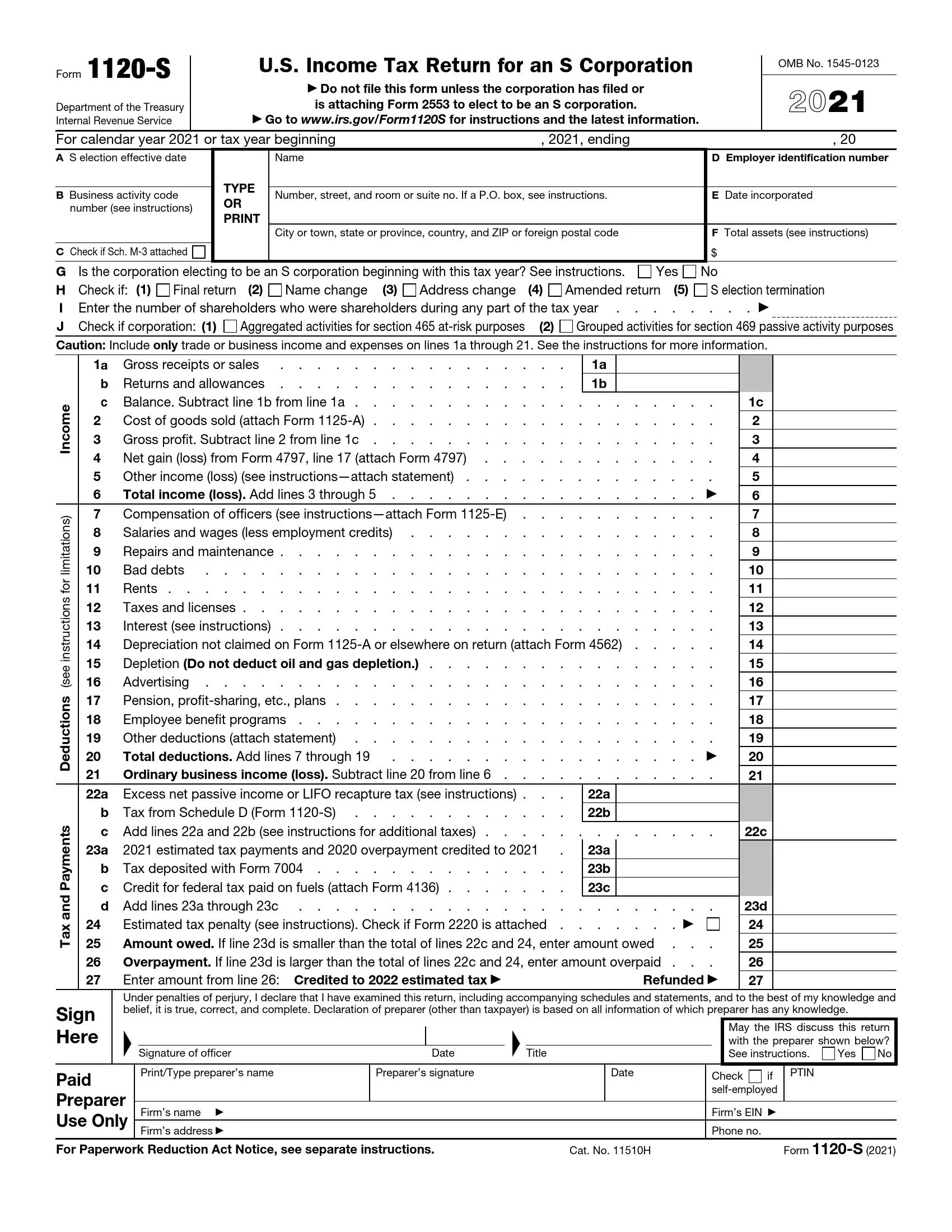 IRS Form 1120 S Fill Out Printable PDF Forms Online