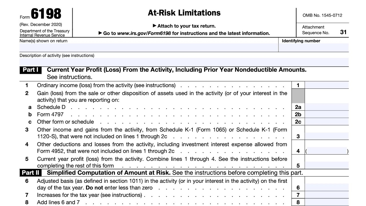 IRS Form 6198 Walkthrough At Risk Limitations 