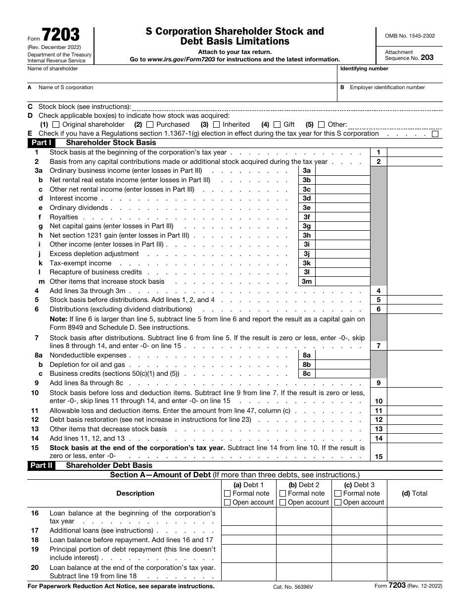 IRS Form 7203 Download Fillable PDF Or Fill Online S Corporation 
