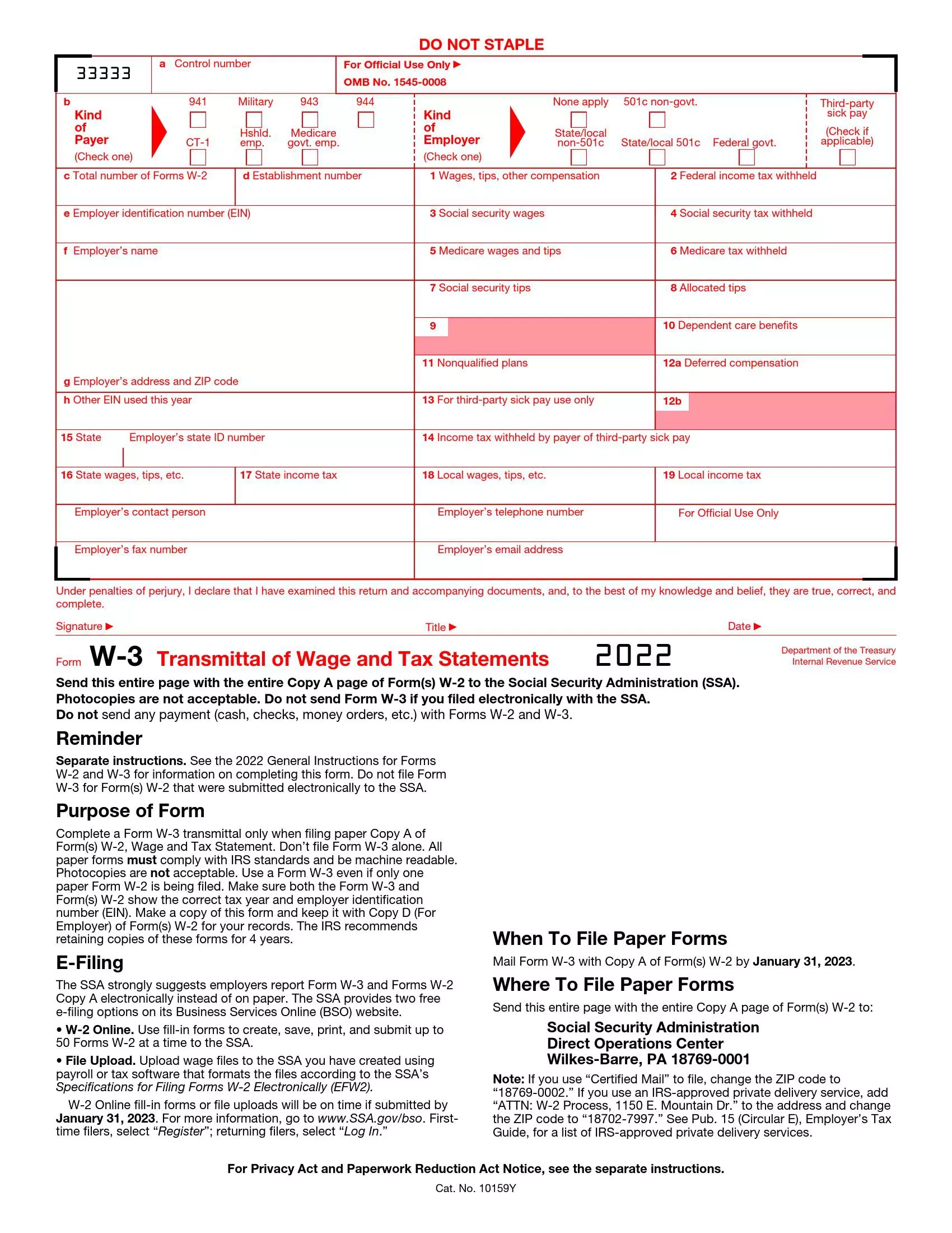 IRS Form W 3 Fill Out Printable PDF Forms Online