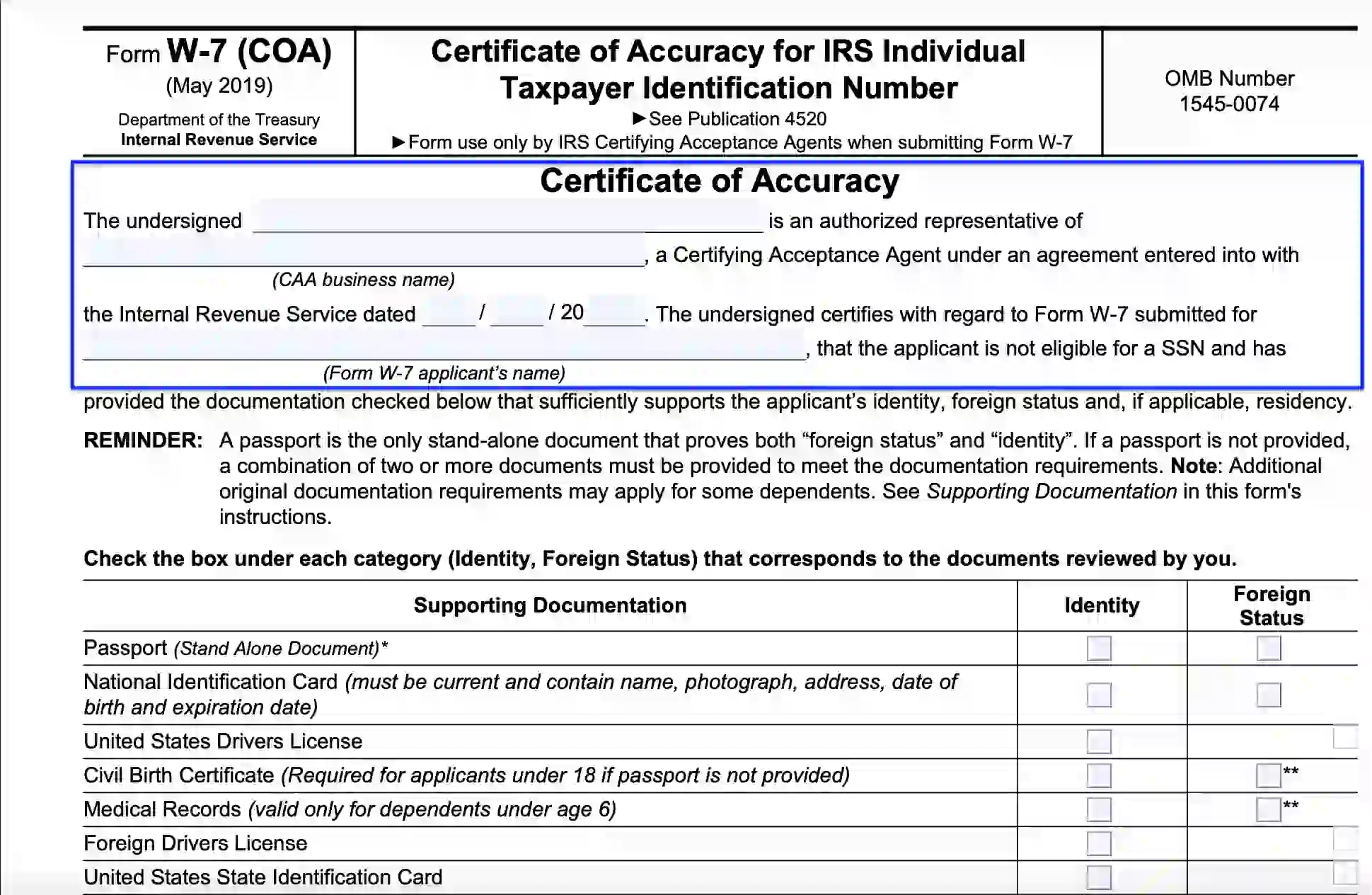 IRS Form W 7 COA Fill Out Printable PDF Forms Online