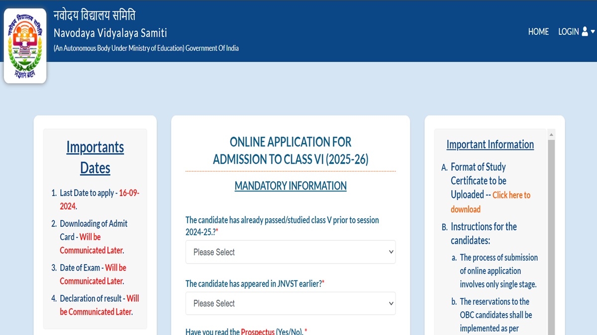 JNV Admission 2025 Application Open At Navodaya gov in NVS 