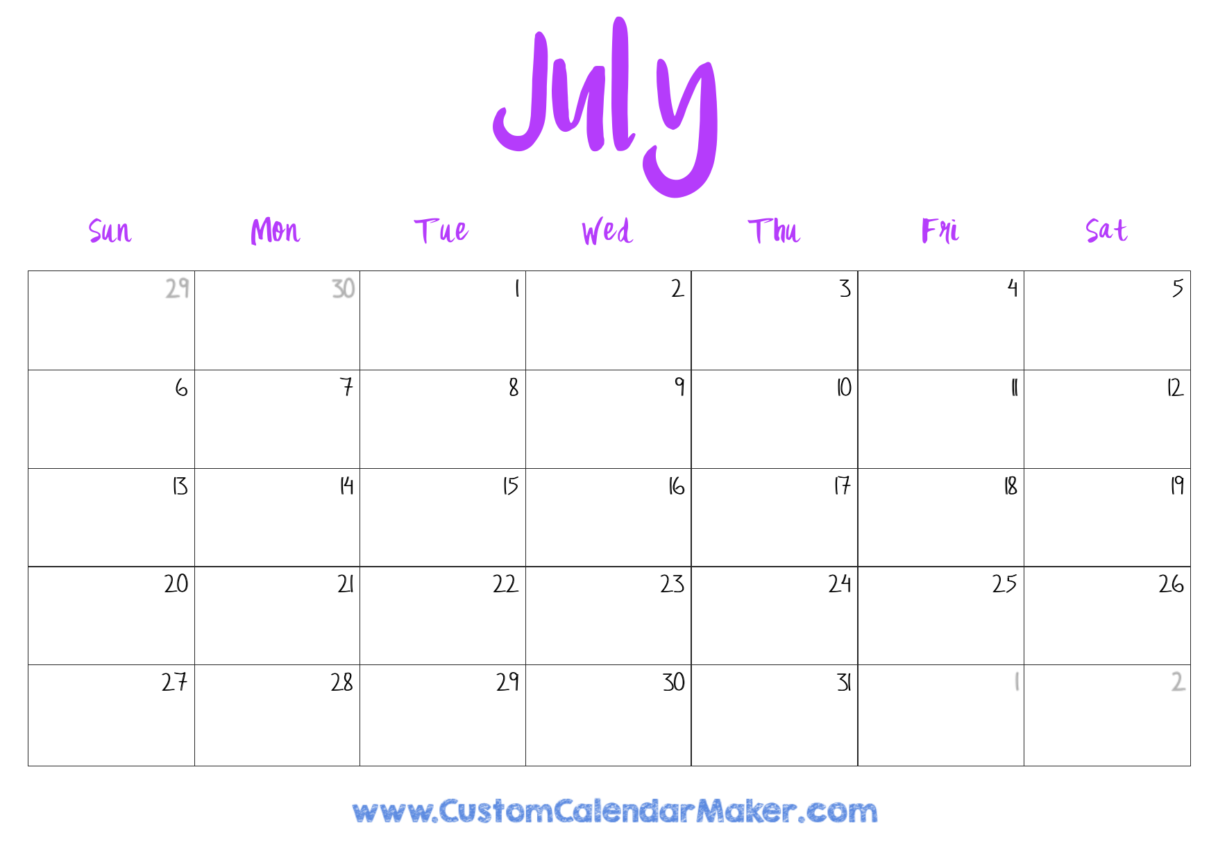 Blank Color July Calendar Printable