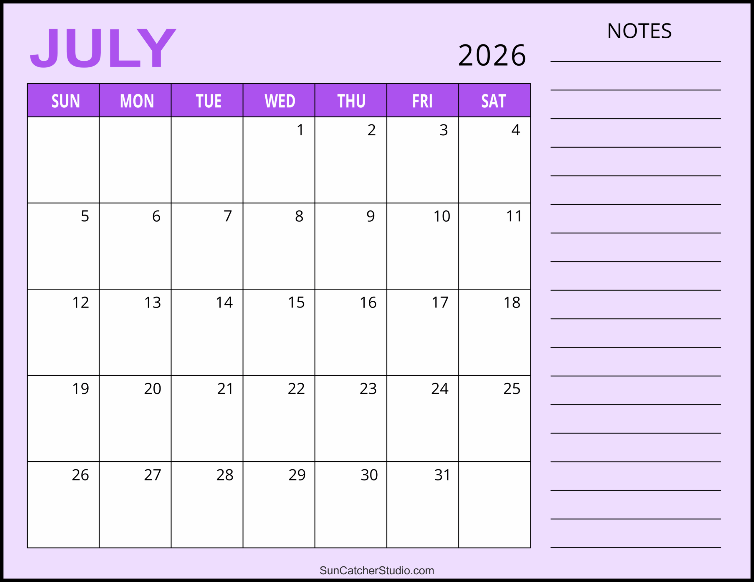 Blank July Calendar 2026 Free Download