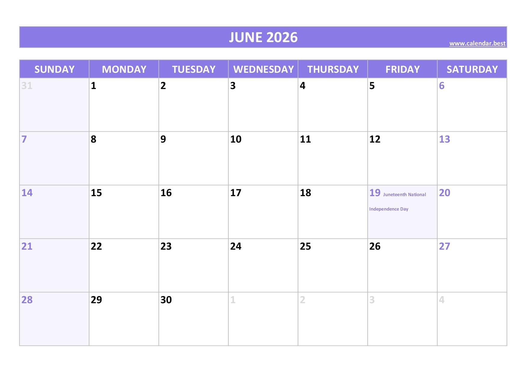 Blank June 2026 Printable Calendar