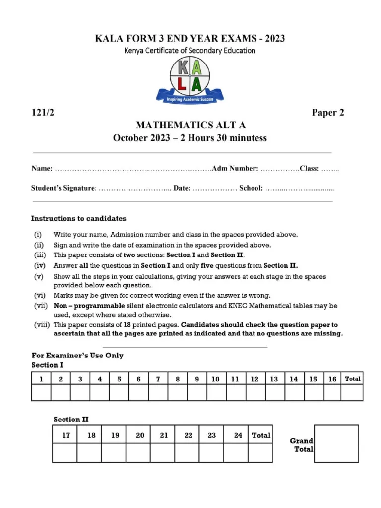 KALA MATHS FORM 3 EOY 2023 Final PDF Matrix Mathematics 