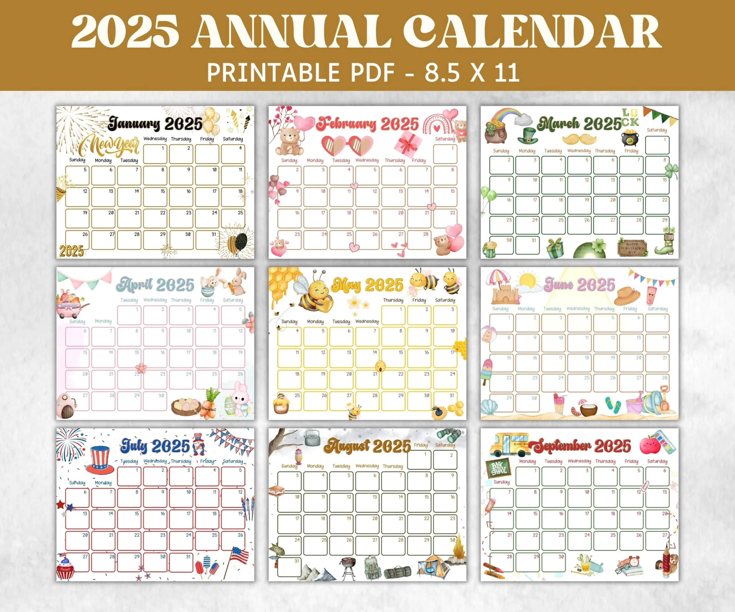 Kids Annual Monthly 2025 Calendar Printable 2025 Calendar 