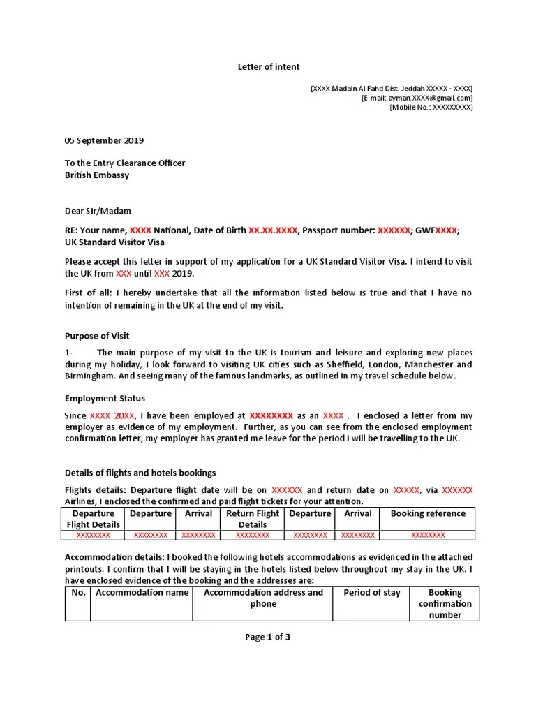 Letter Of Intent 33 PDF Travel Visa London