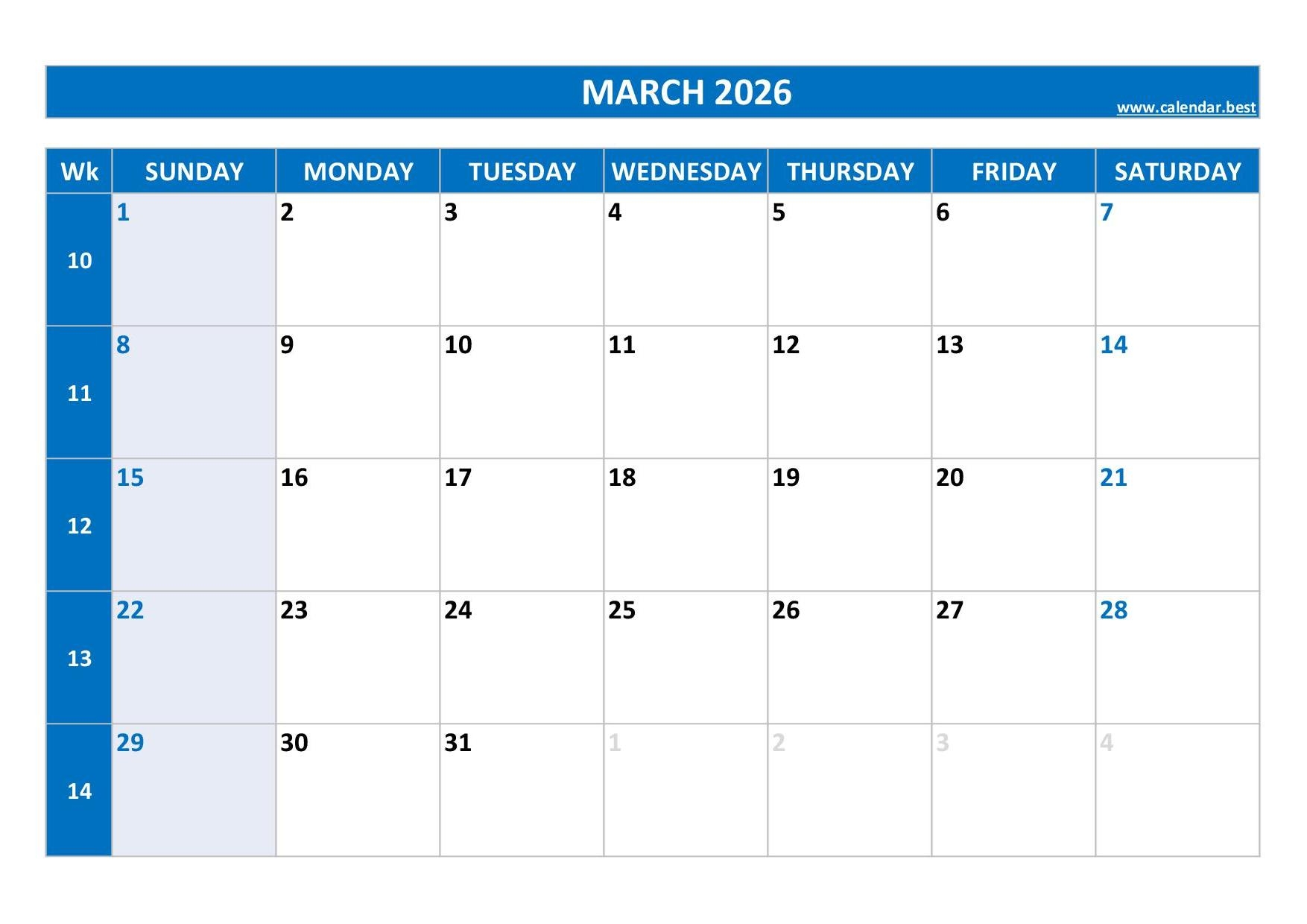 Blank Printable Calendar March 2026