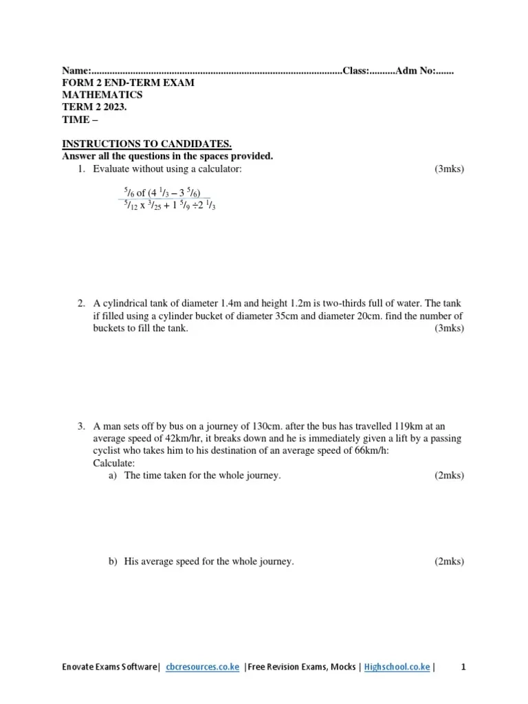 Form 2 Mid Term 2 Exams 2023