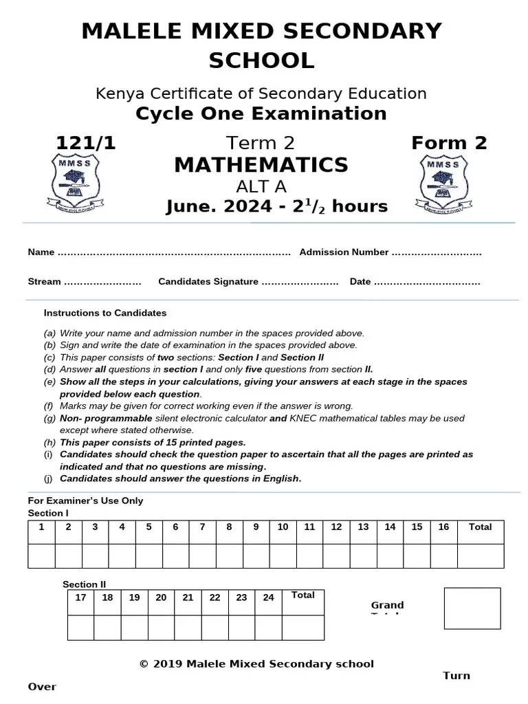 Maths Form 2 Mid Term 2 2024 PDF Area Circle