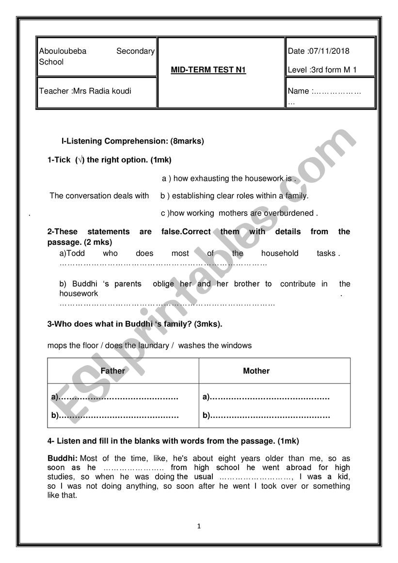 Mid Term Test 1 3rd Form ESL Worksheet By Radhiamk1234