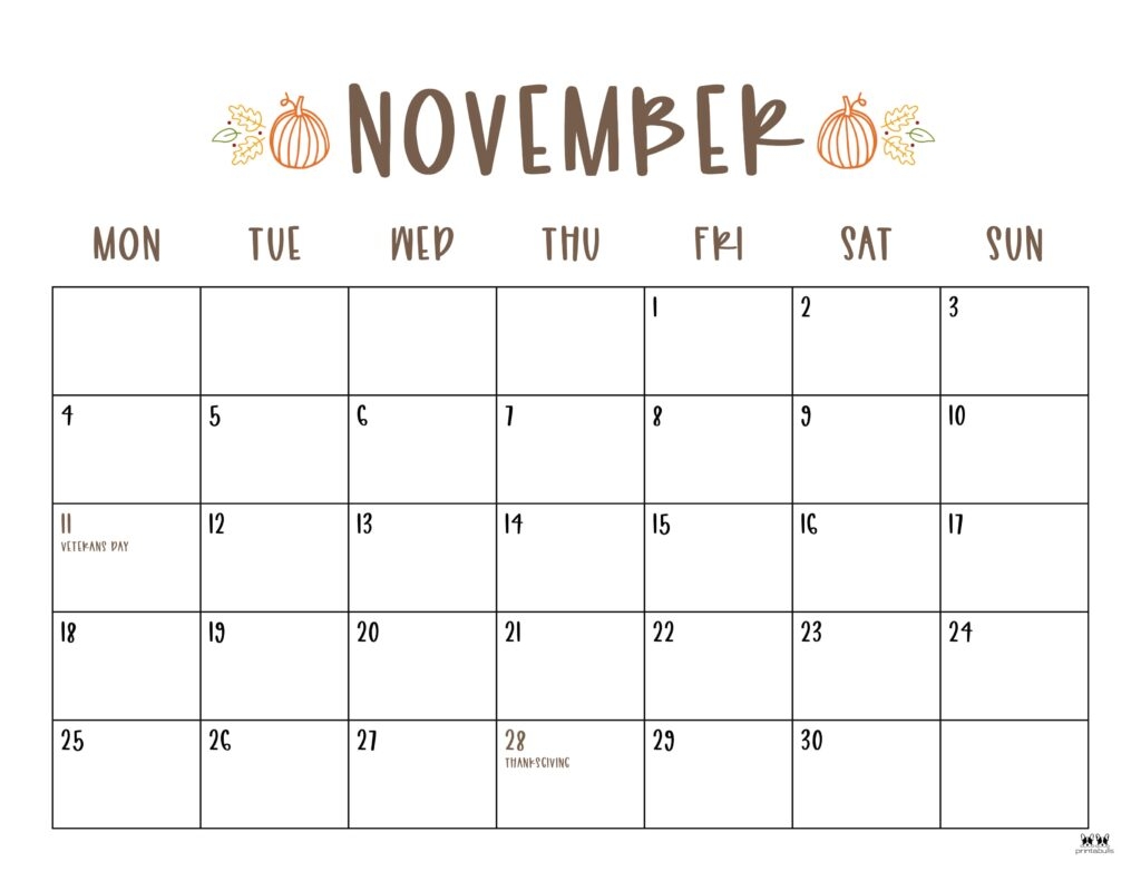 November Calendar Free Printable