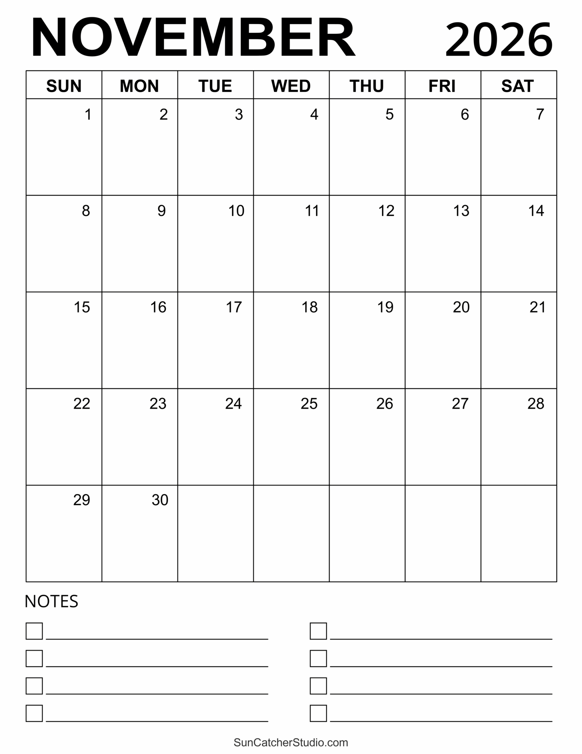 Printable Monthly Calendars Calligraphy 2026 November