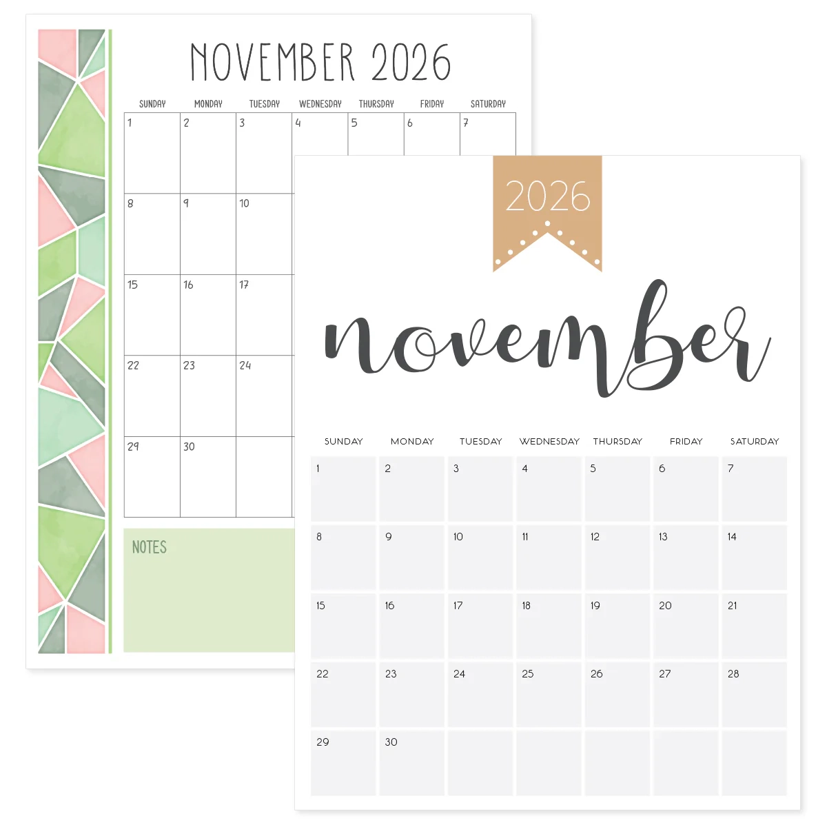 November Calendar 2026 Printable Cute