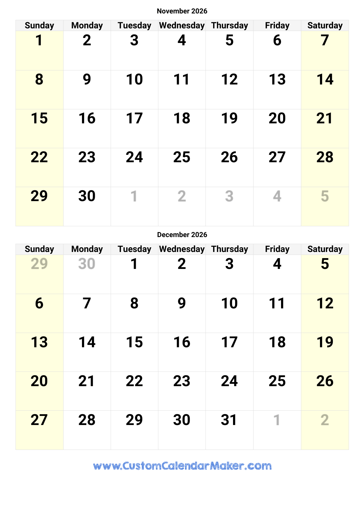 Calendar November And December 2026 Printable