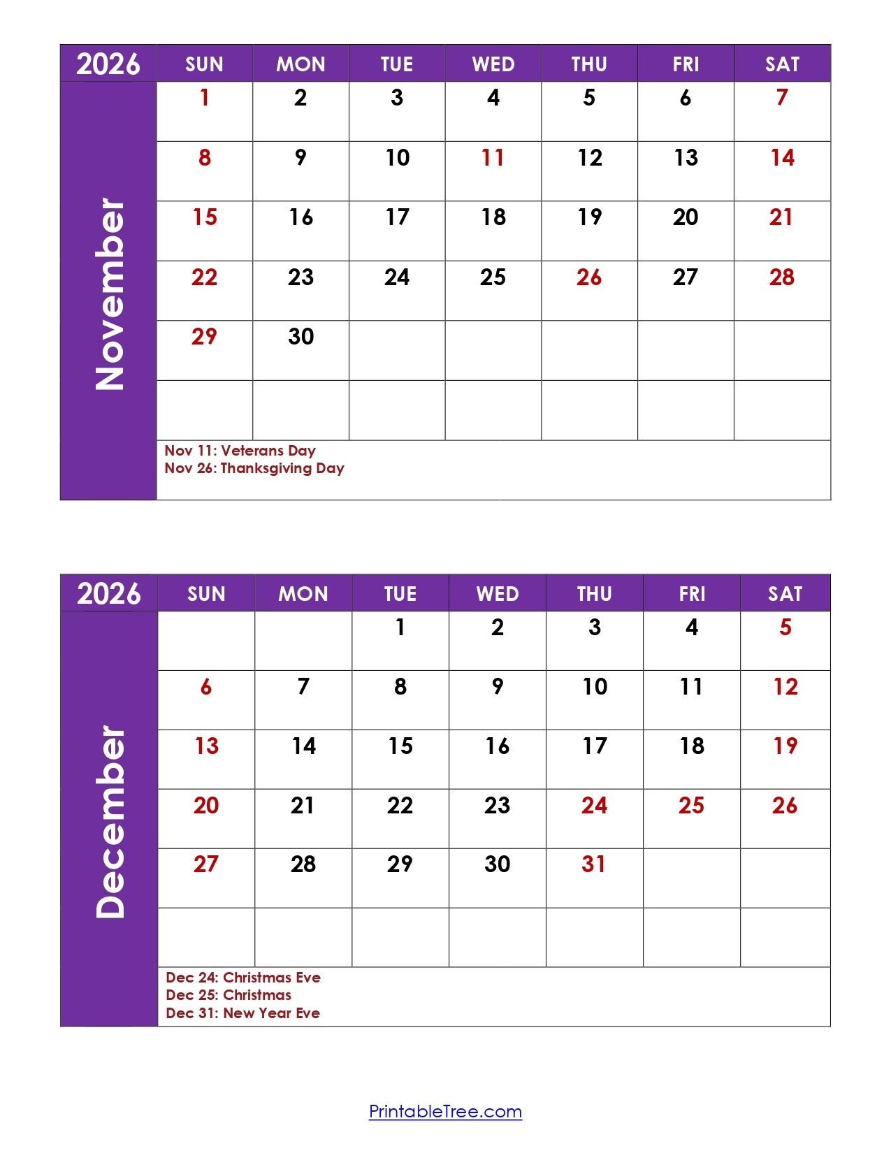 2026 November Decemver Calendar Printable