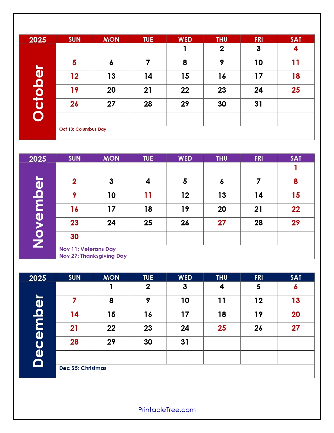 Printable Monthly Calendar October November December