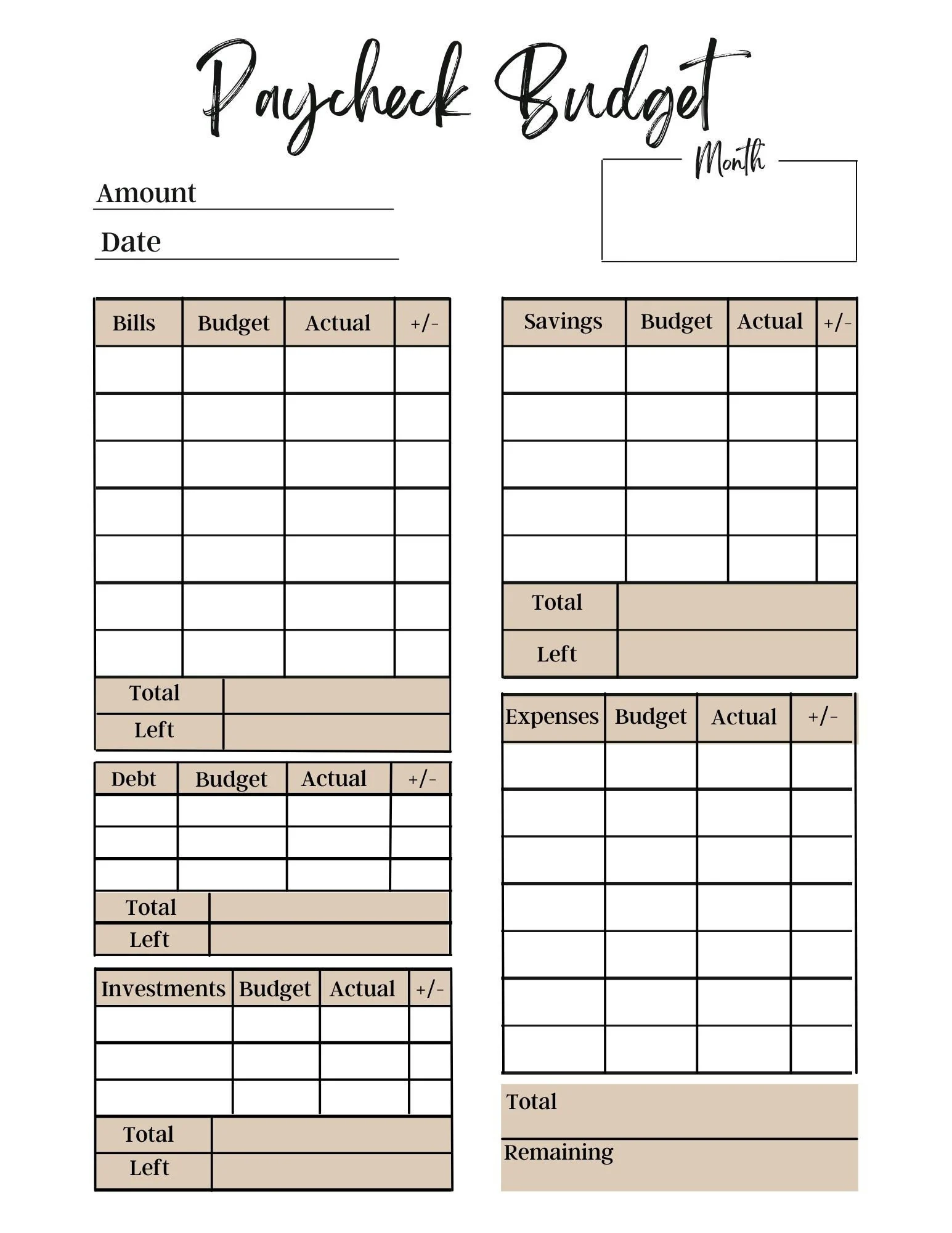 Paycheck Budget Template Printable
